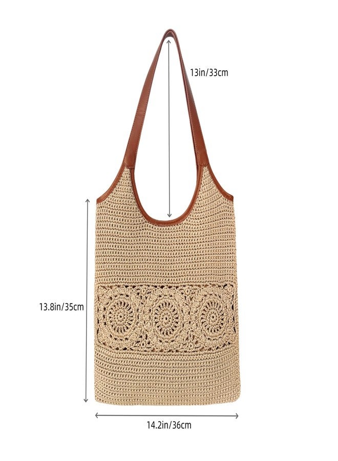 Eiyye Crochet Tote Bag for Women Handmade Flat Woven Shoulder Purse with Wide Leather Straps Lightweight Boho Bag for Shopping Travel Daily Use - Image 2